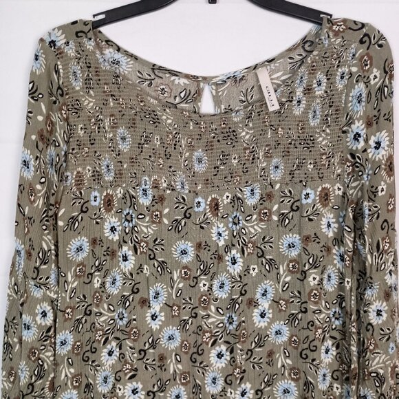 G.I.L.I. Green Floral Smocked Jersey Shift Dress Flared Sleeve S - Picture 2 of 7